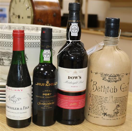 A 150cl bottle of Ableforths Bathtub Gin, Dows Midnight Port and two half bottles,